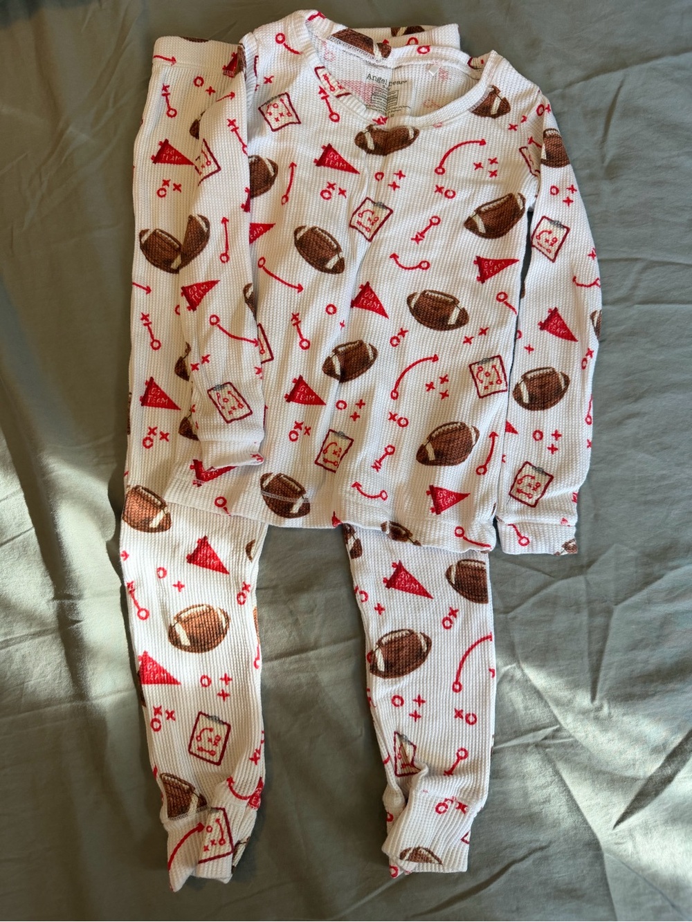 Angel Dear White Football Print Thermal Pajama Set - Red & Brown